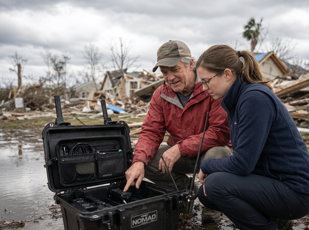 Two volunteers powering up an open Project NOMAD kit in a neighborhood leveled by severe weather.
