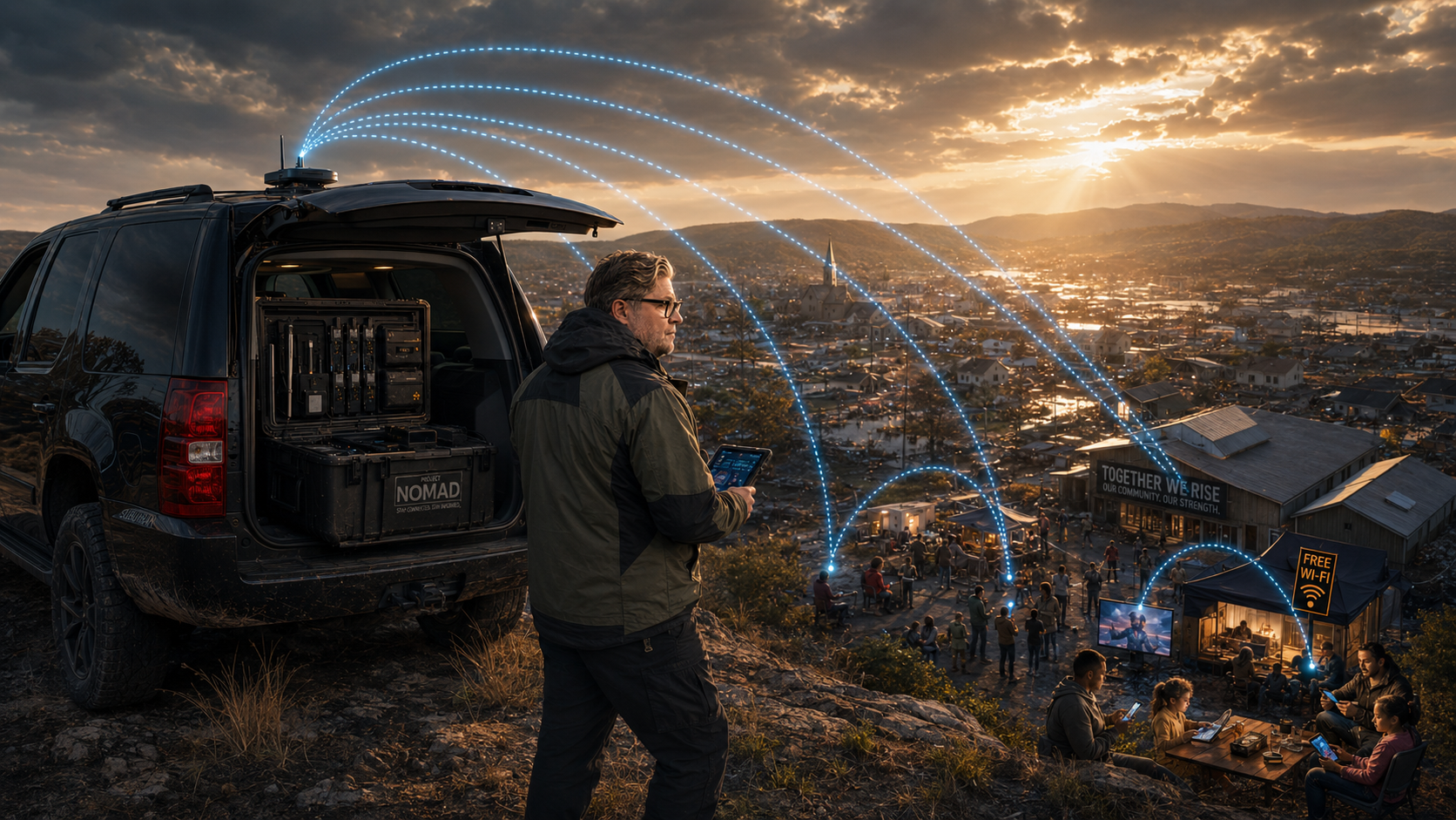 A Project NOMAD field kit deployed from a black SUV overlooking a town at dusk, broadcasting Wi-Fi to a community gathering below.