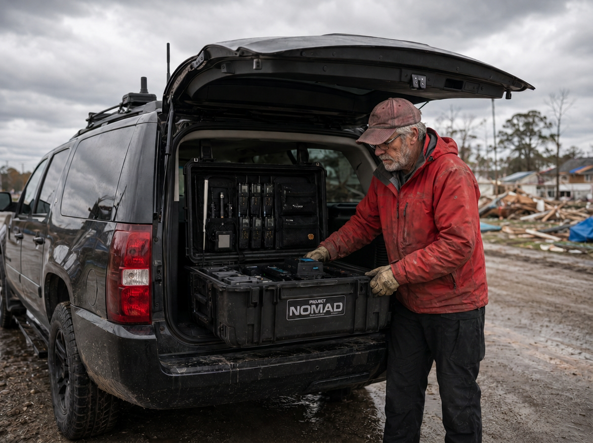 Project NOMAD kit deployed from the back of a mobile response vehicle in a storm-damaged neighborhood.